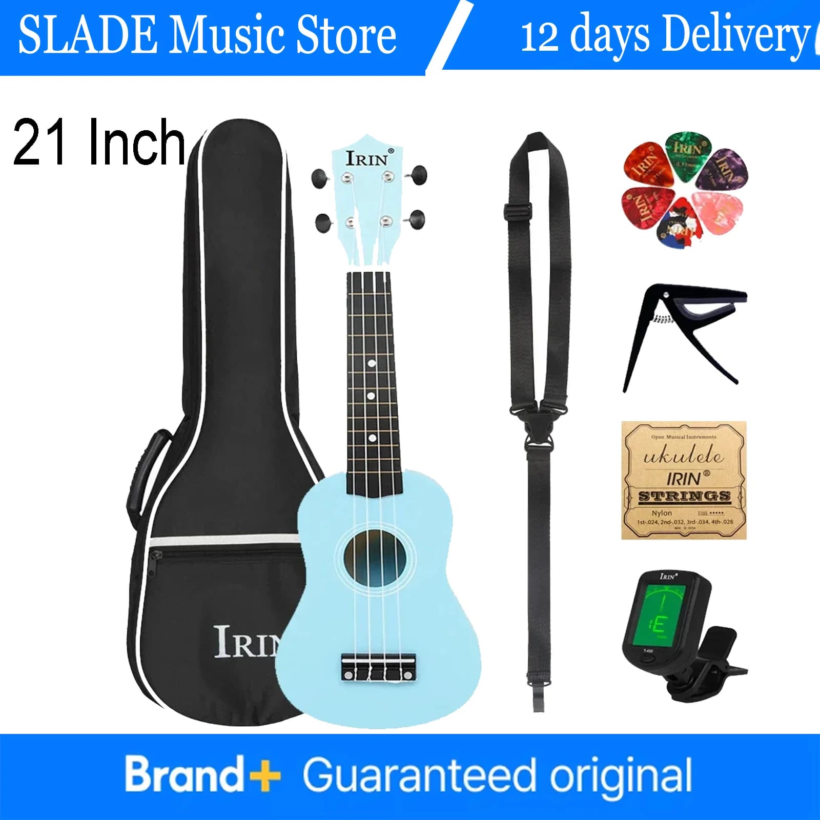 IRIN Ukulele 21 Pollici Azzurro, Chitarra Hawaiana per Principianti, Mini Chitarra con Accordatore, Cinghie e Corde