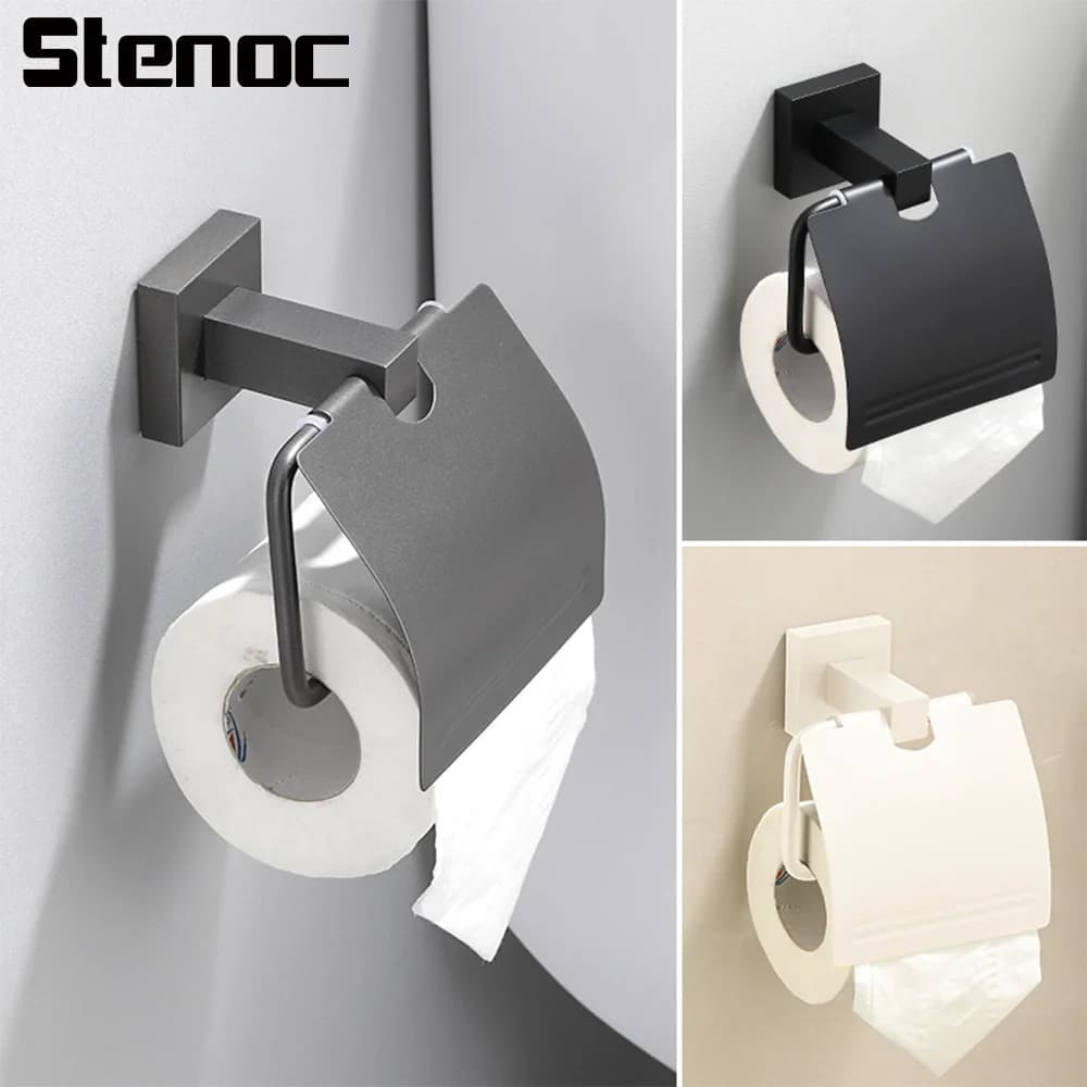 Grey Square Aluminum With Cover Toilet Paper Rack Thick Base Wall Mount Bathroom Tissue Holder Paper Roll Storage Organizer