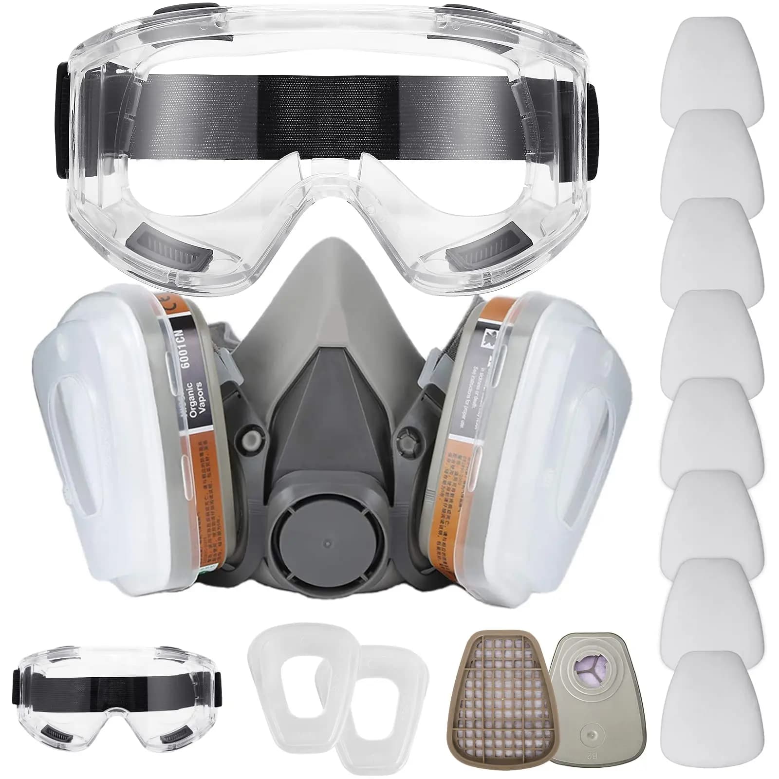 Maschera antigas 26in1 6200 Maschera antigas con respiratore a mezza faccia con occhiali di sicurezza antiappannamento Protezione multi-filtro per verniciatura, saldatura