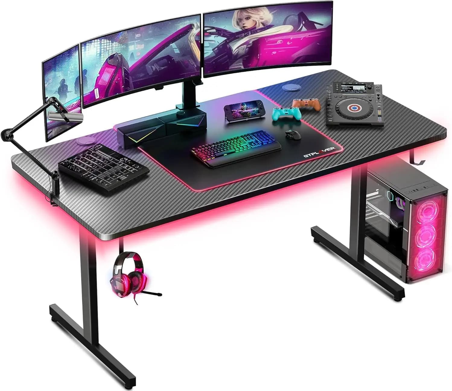 Scrivania da Gaming da 55 Pollici con Luci LED, Grande Scrivania per Computer con Tappetino Mouse per Ufficio Domestico, Postazione di Lavoro per PC con Superficie in Fibra di Carbonio a Forma di T e Gancio per Cuffie