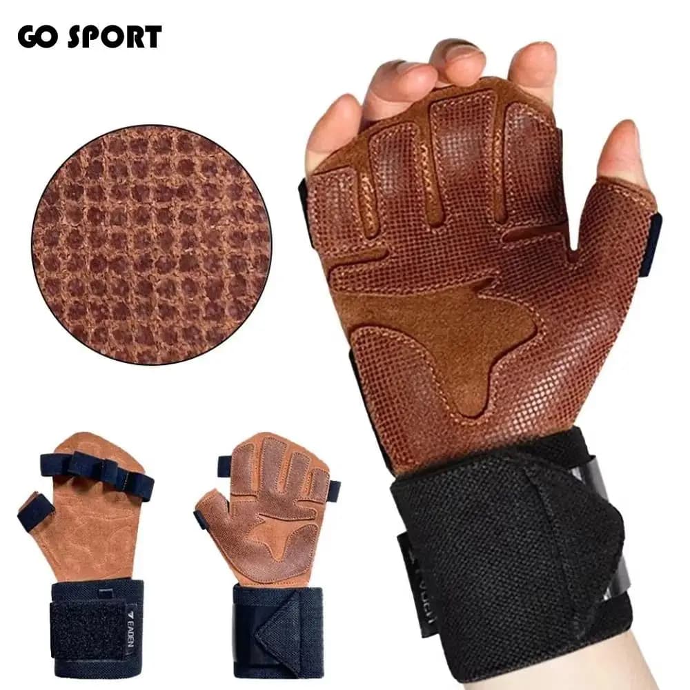 1 pair of weight lifting gloves in cow leather, anti-slip, breathable, ventilated, for gym, heaving, training, fitness, workout