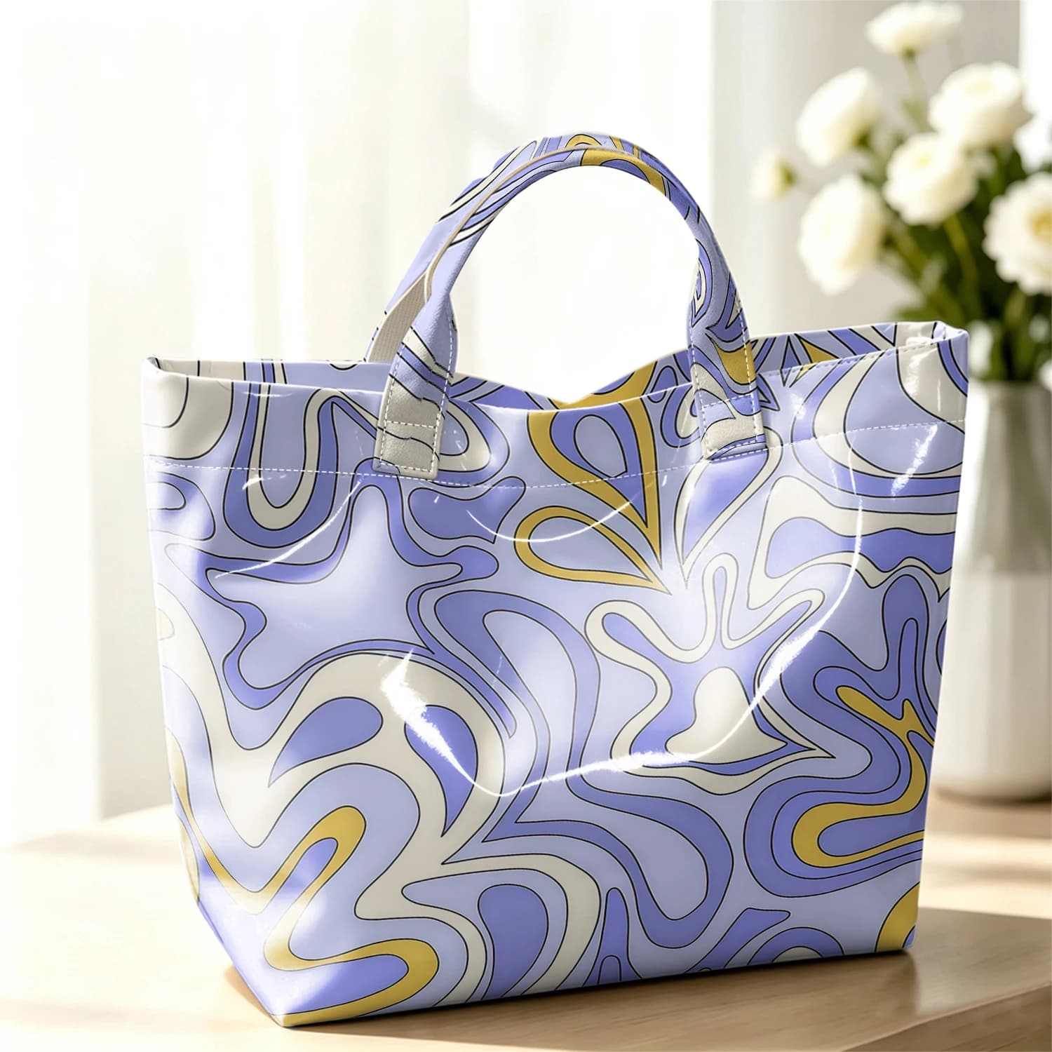 Blue Yellow Swirl Fashion Large Glossy PVC Tote Bag Hand Washable Waterproof Perfect Travel Commute Cosmetic Storage Shopper