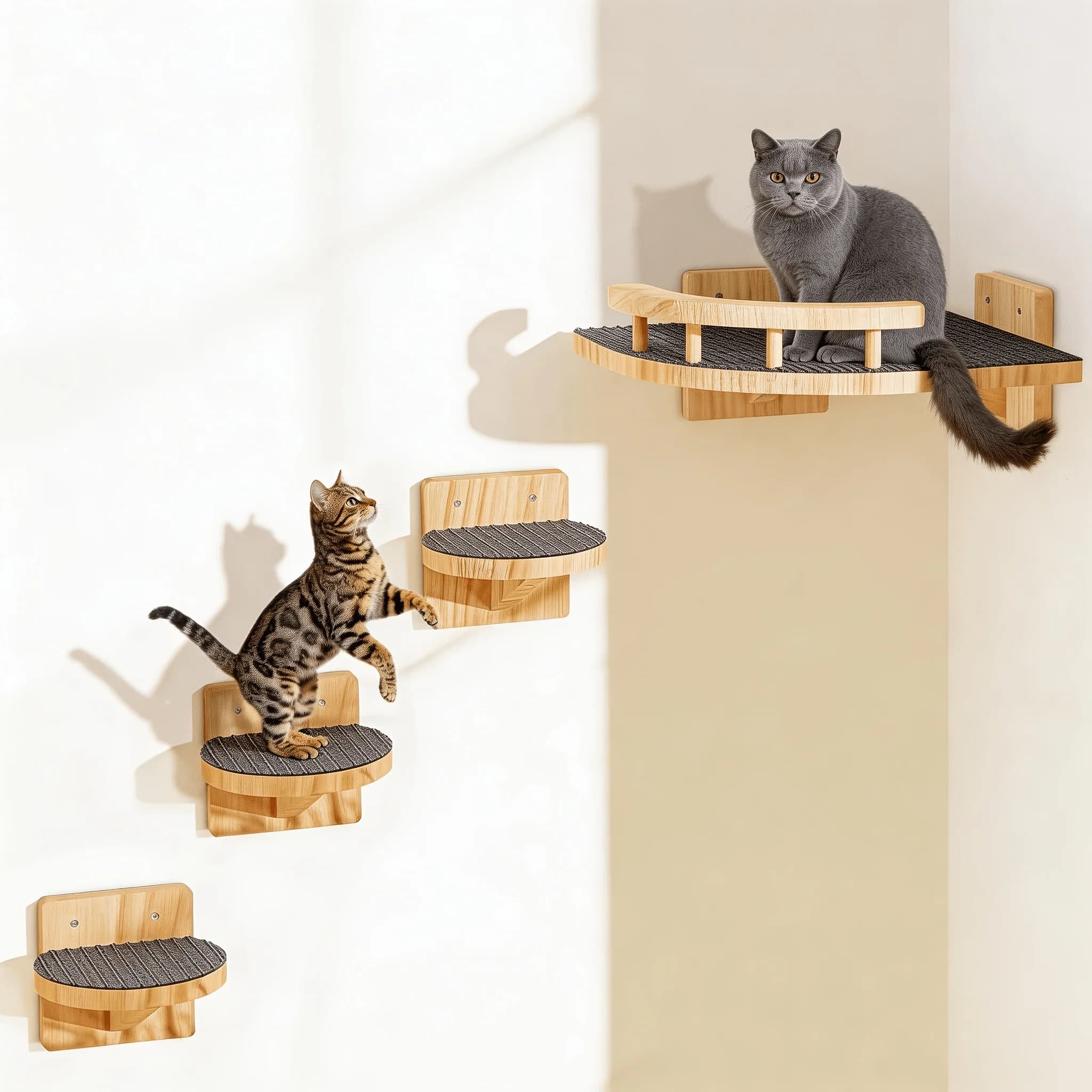 Set di 4 Mensole a Parete per Gatti in Legno di Pino con Scala a 3 Gradini e Amaca Multilivello - Robuste, Adatte per Gatti Piccoli e Medi