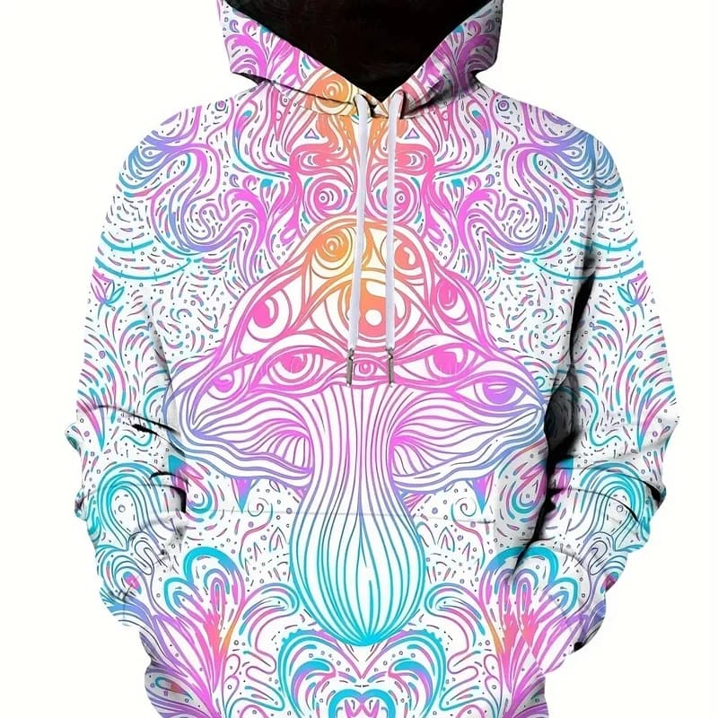 Unisex Pastel Psychedelic Mushroom Eye Print Hoodie Full Print Long Sleeve Drawstring Pocket Casual Street Sweatshirt