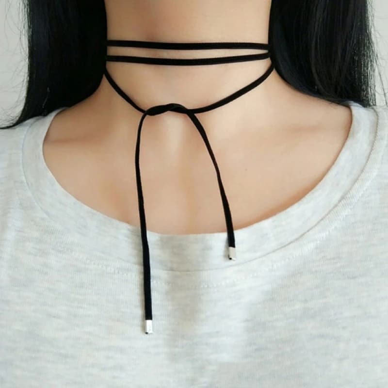652F Collana lunga in corda velluto gotico coreano da donna Girocollo con fiocco nero con collo semplice