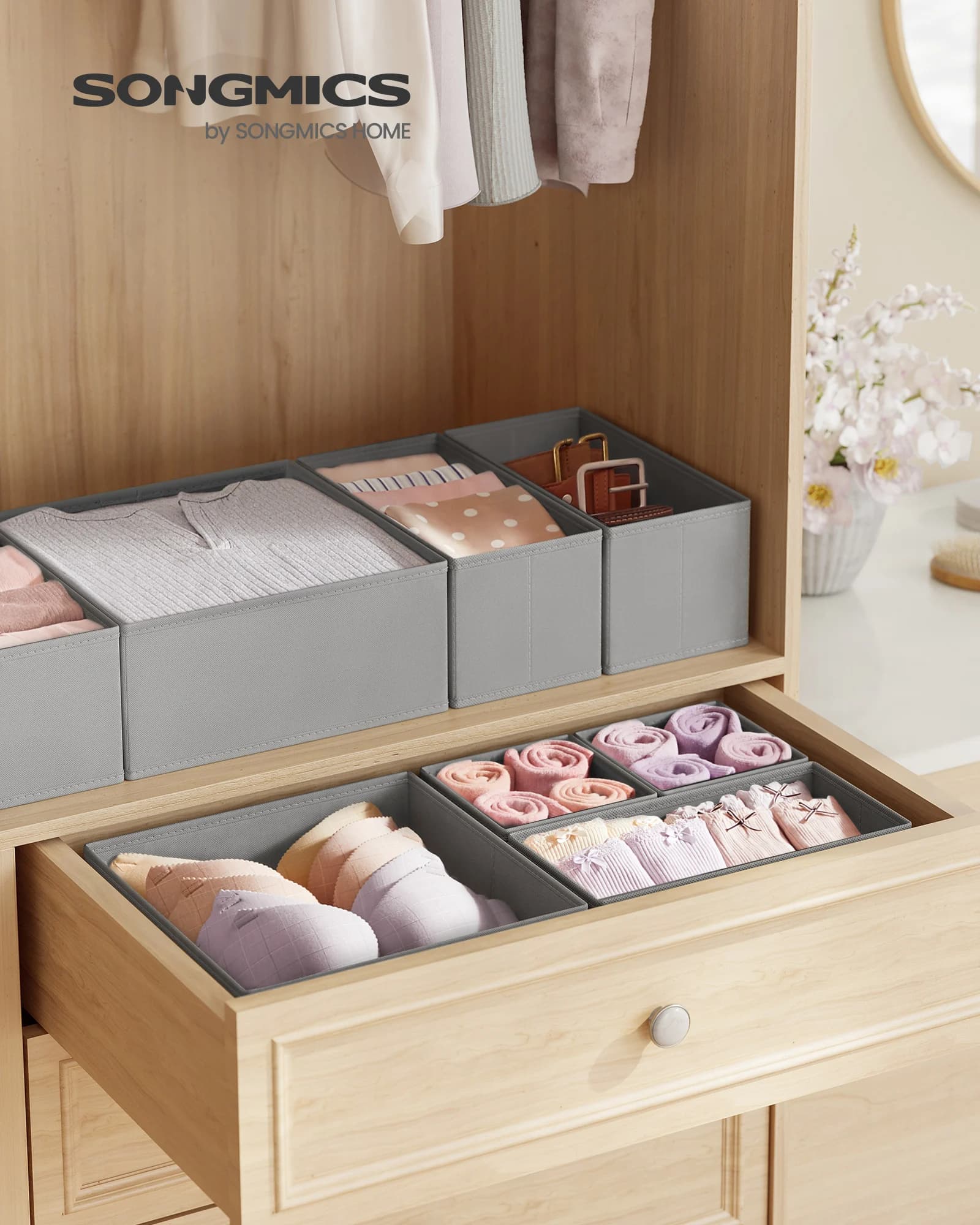 Organizzatori per cassetti SONGMICS, divisori per cassettiere, set da 12, scatole portaoggetti pieghevoli in tessuto per calzini, biancheria intima, reggiseni, cravatte