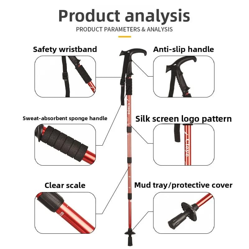 Cleye Aluminum Alloy Trekking Pole with Shock-Absorbing T-Handle Outdoor Walking Stick for Hiking Travel Supplies