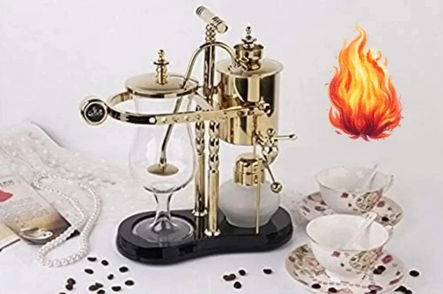 Belgian/Belgium Family Balance Siphon/Syphon Coffee Maker, Elegant Double Ridged Fulcrum with Tee handle (Classic Gold)