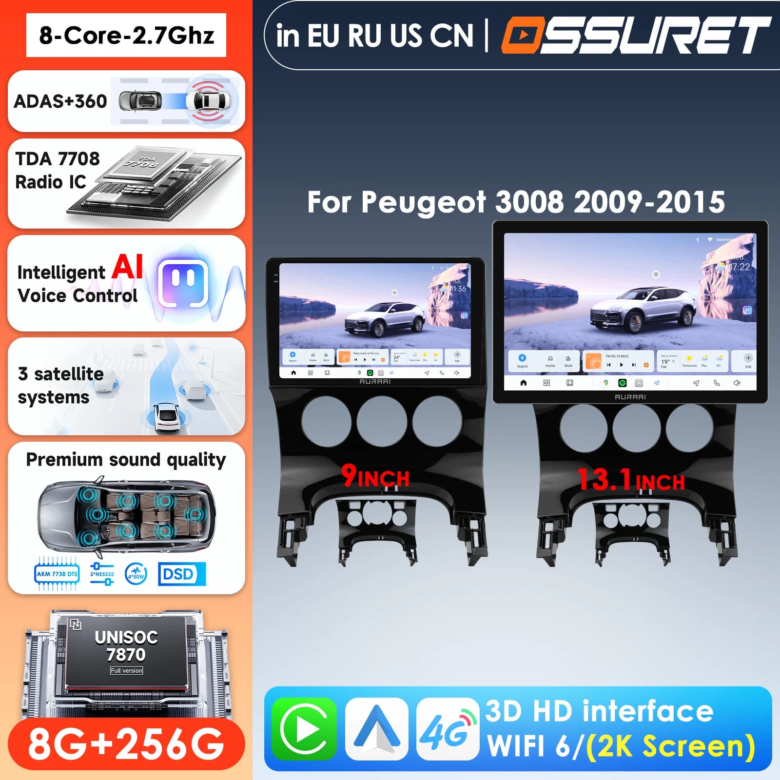 Autoradio Android 2Din con Schermo 13.1'' 2K, Carplay, 4G per Peugeot 3008 AT MT 2009-2015, GPS, Stereo, Sistemi Intelligenti ADAS