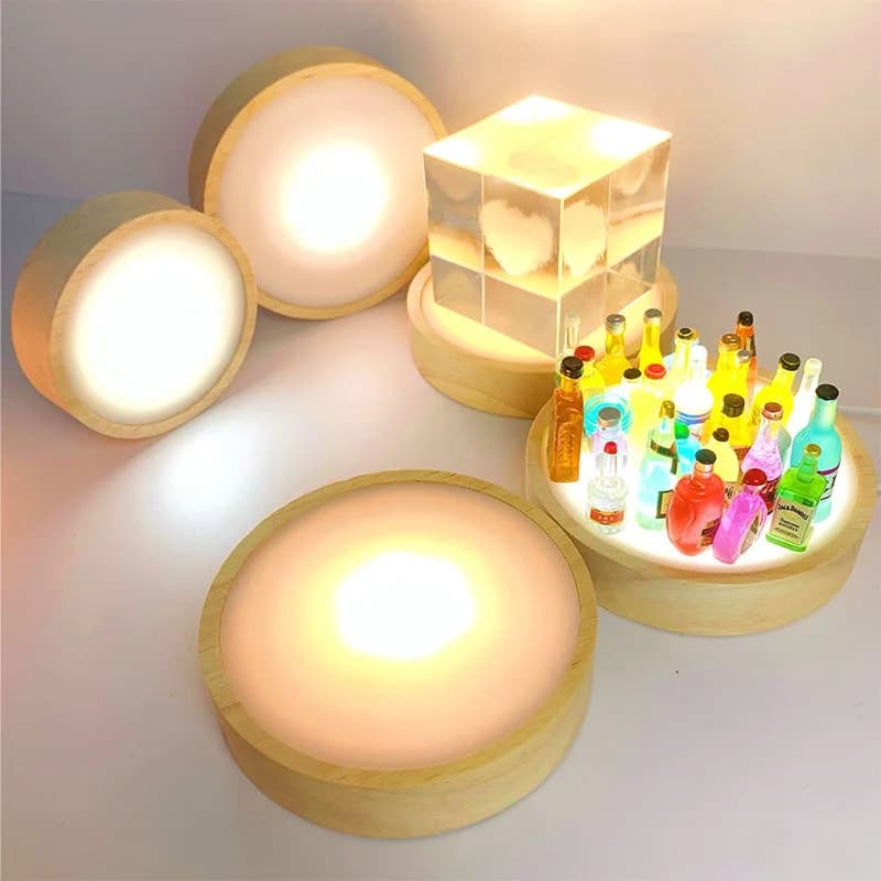 Luce notturna a LED 10 cm Base rotonda in legno Supporto decorativo da tavolo in legno Lampada da espositore per decorazione acrilica con sfera di cristalli