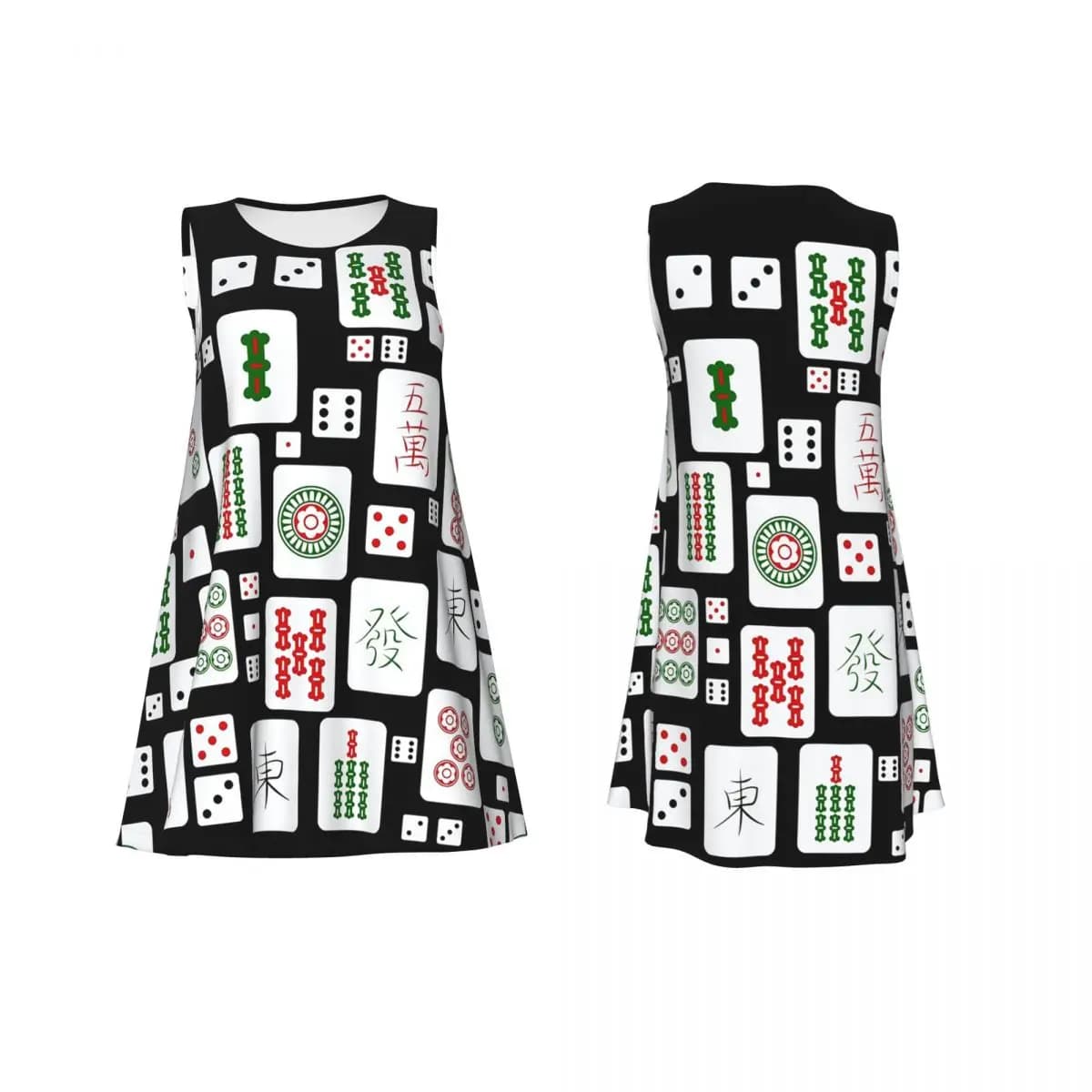Abito Estivo da Donna con Stampa Mahjong e Dadi, Vestito Casual Senza Maniche con Collo Tondo, Abiti Comodi per Weekend e Vacanze