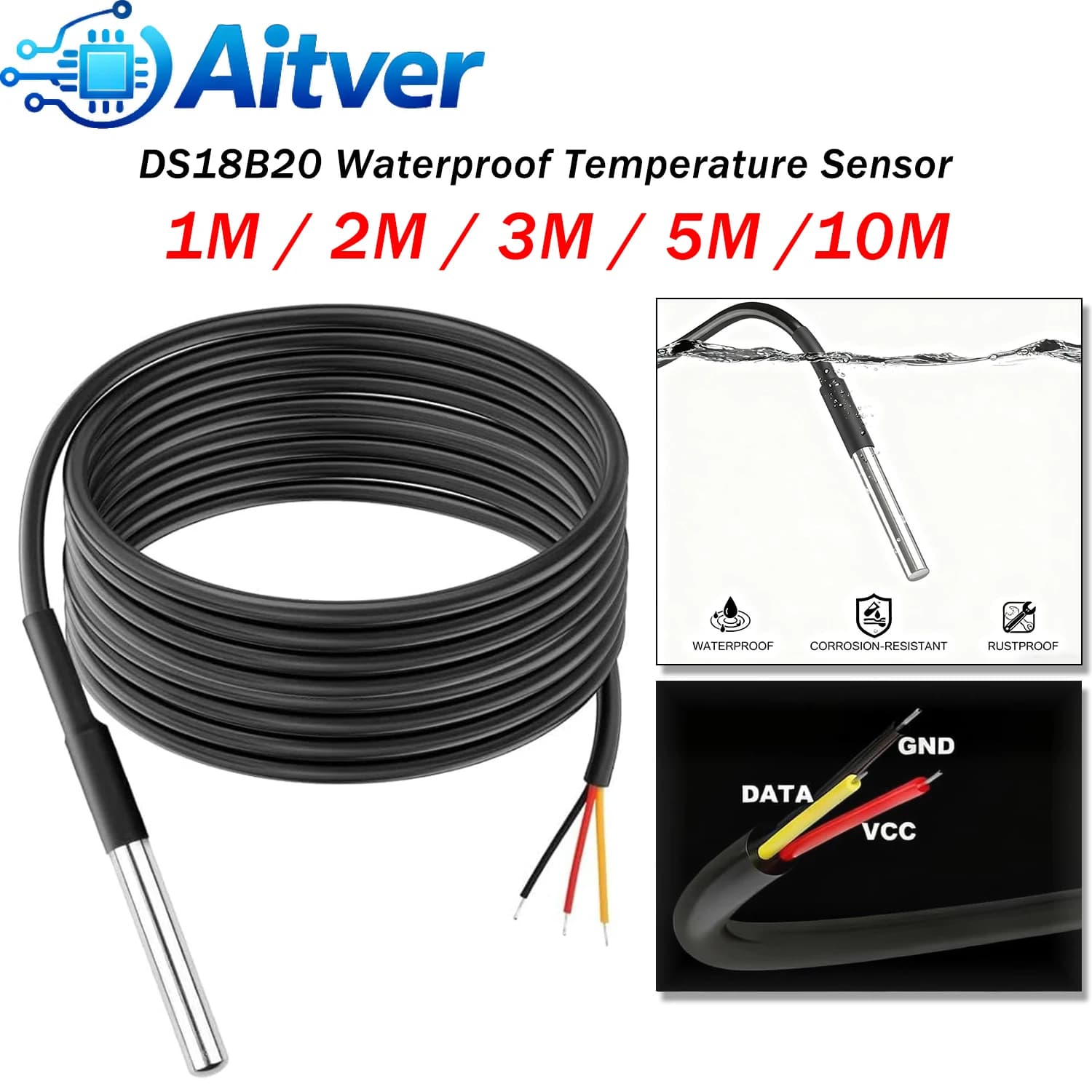 DS18B20 Probe waterproof temperature sensor 1M 2M 3M 5M 10M 3M cable Digital thermometer for Arduino ESP32 Raspberry Pi