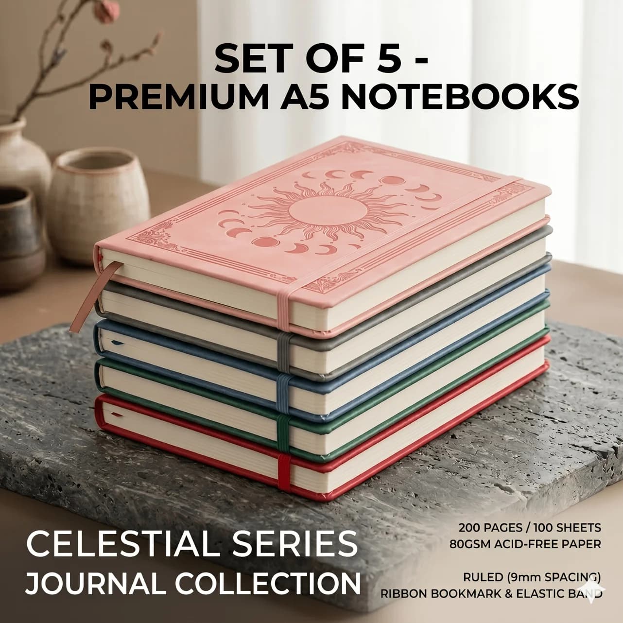 5 PACK A5 Hardcover Notebook Journal, 200 Pages Debossed Cover Leather Notebook, 5.7"X8.3" Lined Journal