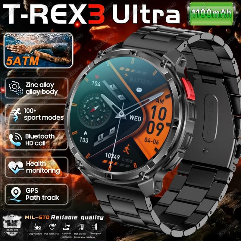 Nuovo Smartwatch T-Rex 3 Ultra 2026 con Batteria da 1100mAh, Impermeabile 5ATM, GPS per Sport all'Aperto, Monitoraggio Frequenza Cardiaca, Bussola e Chiamate Bluetooth