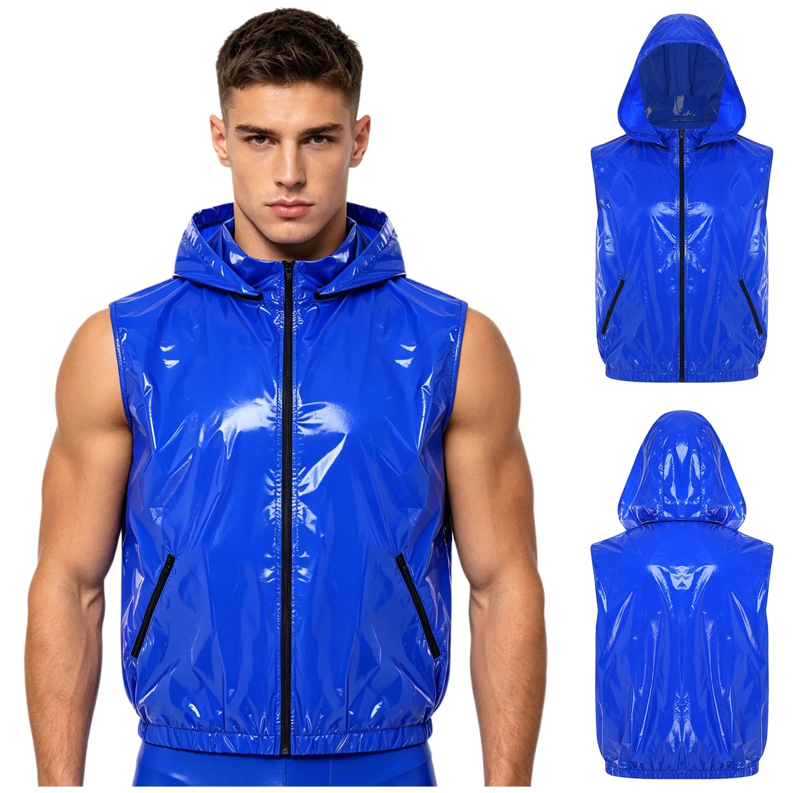 Mens Waterproof Vest with Detachable Hood Sleeveless Zipper Pockets Tank Top Waistcoat Sport Outerwear for Cycling Nightclub