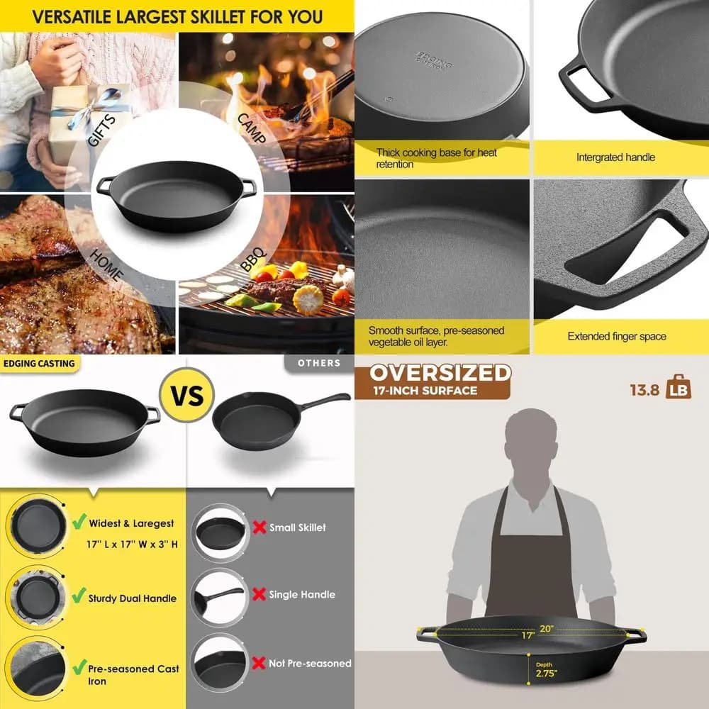 17 Cast iron prefabricated pans with double handles - Outdoor camping pan, pizza pan, multipurpose cookware for grill, stove, O