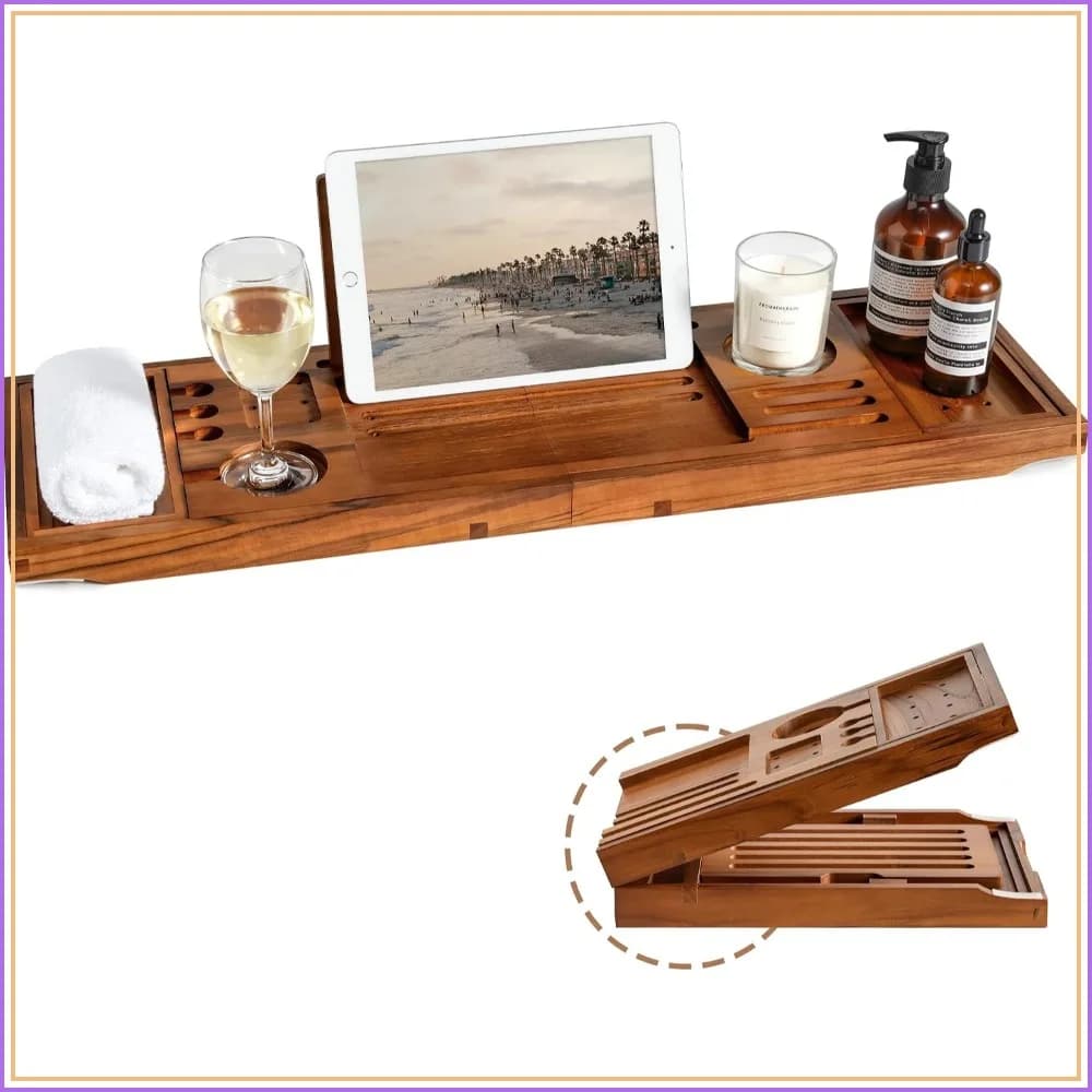 Adjustable Teak Bathtub Tray with Wine Holder, Tablet & Book Stand, Splash-Proof
