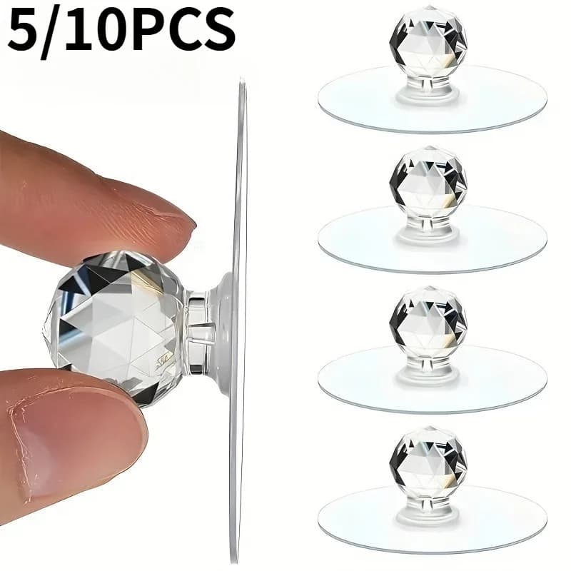 Maniglie rotonde autoadesive da 5/10 pezzi per armadi, cassetti, guardaroba e porte in vetro, design a sfera di cristallo, facile installazione