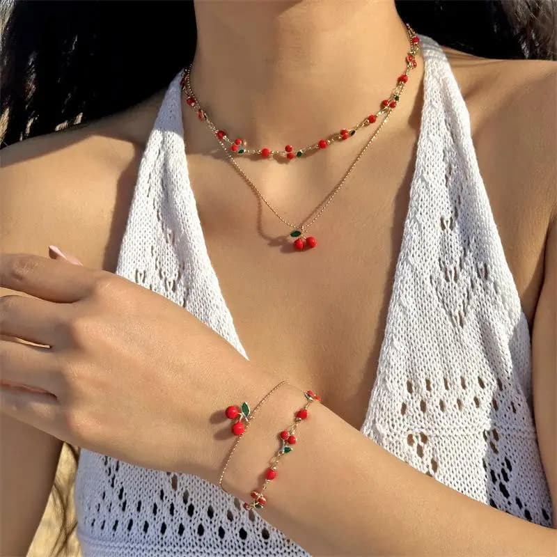 Cute Sweet Red Cherry Chain Bracelet Necklace Anklets For Women Vintage Fruit Jewelry Wedding Party Gift