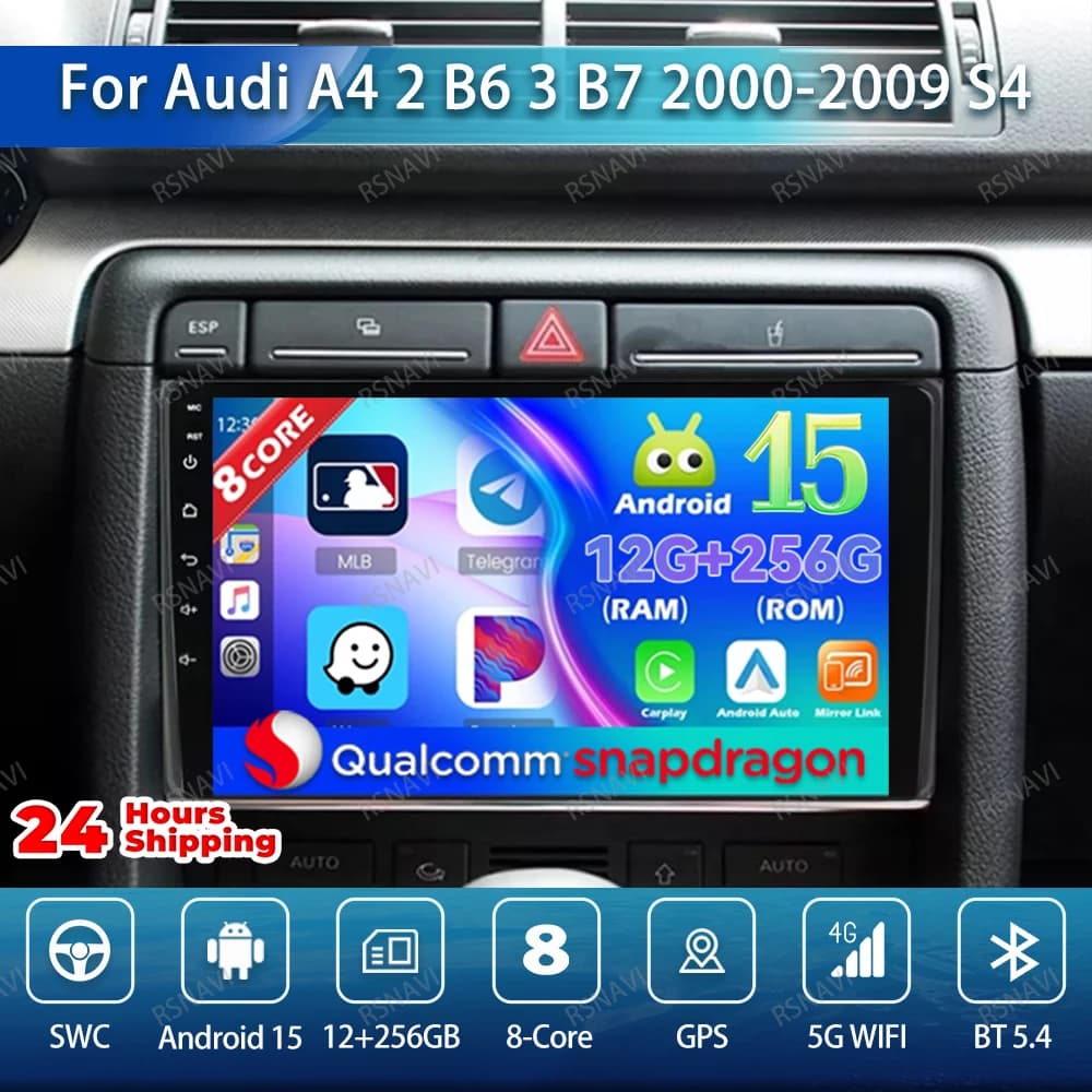 Android 15 Autoradio For Audi A4 2 B6 3 B7 2000-2009 S4 2002-2008 RS4 2005-2009 BT DVD 5G WIFI Wireless Carplay Navigation Automatic