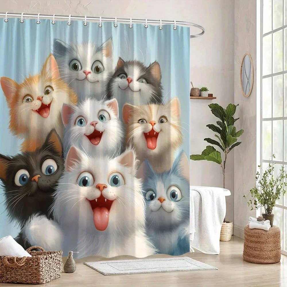 Adorable Cats Shower Curtain - 9 Playful Faces, 12 Hooks, Washable Polyester, Cat Lover Gift