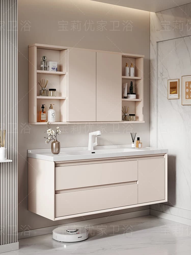 Combinazione di mobili da bagno pieghevoli in rovere con specchio feng shui, lavabo integrato in ceramica, lavabo, lavabo, WC