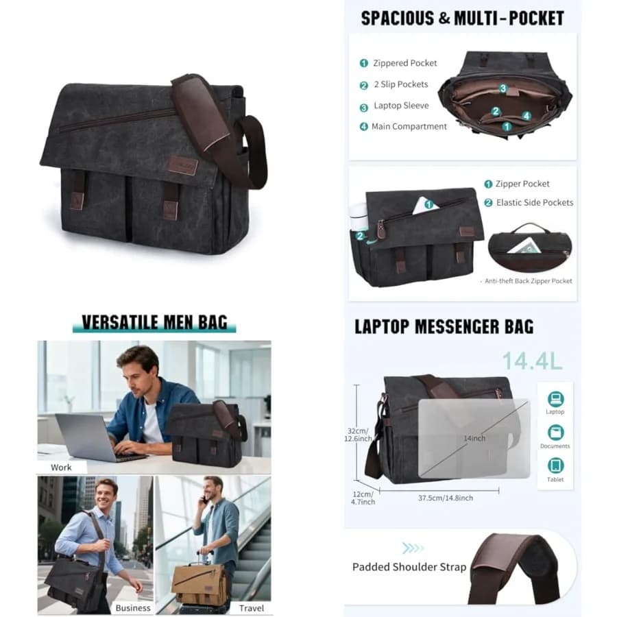 Borsa a tracolla da uomo, borsa a tracolla in tela resistente all'acqua da 14 15.6 17 pollici per laptop, borsa a tracolla da lavoro di RAVUO