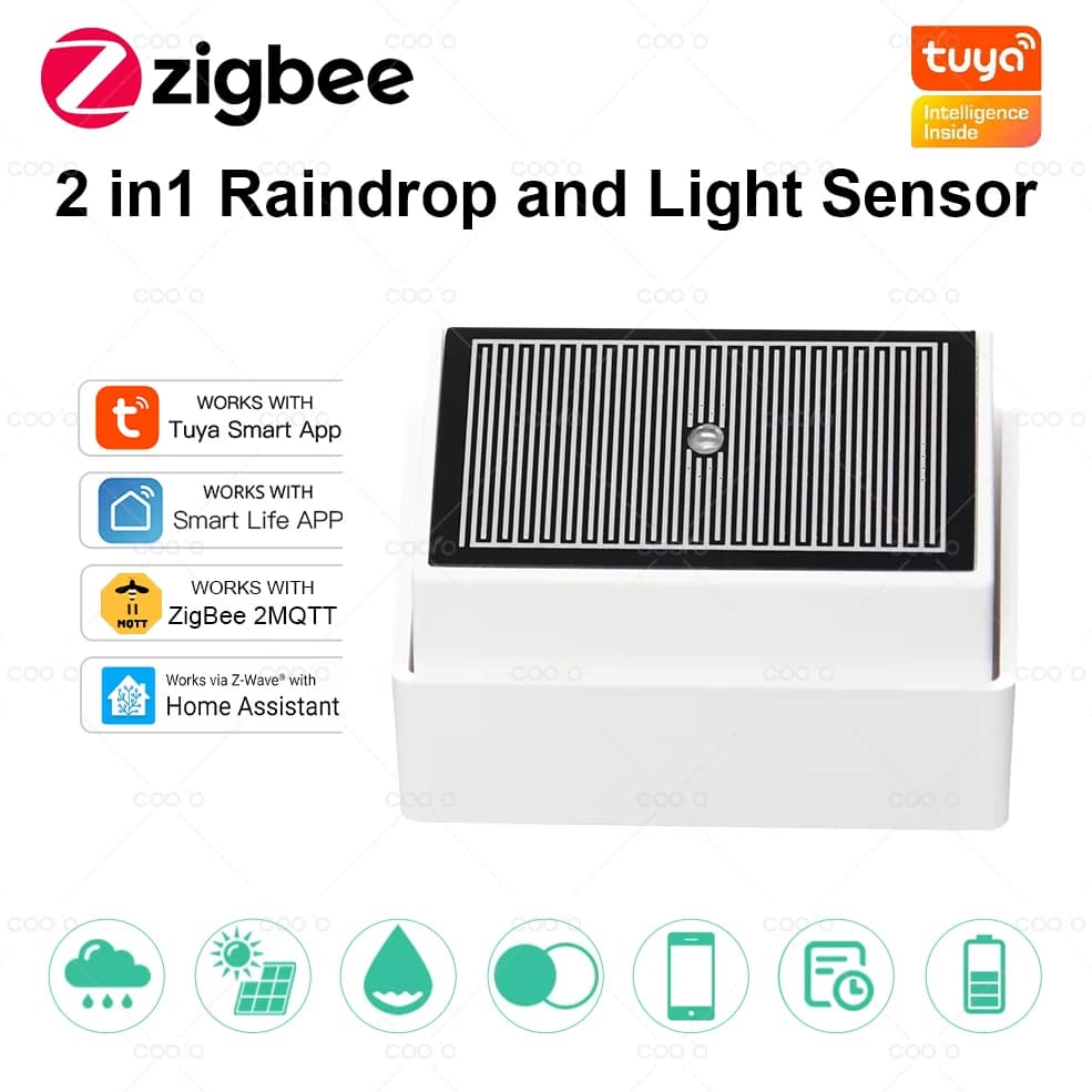 Sensore pioggia Tuya Zigbee 2 in 1 con rilevatore di luce Rilevatore pioggia impermeabile esterno IPX4 funziona con Smart Life Home Assistant Z2M