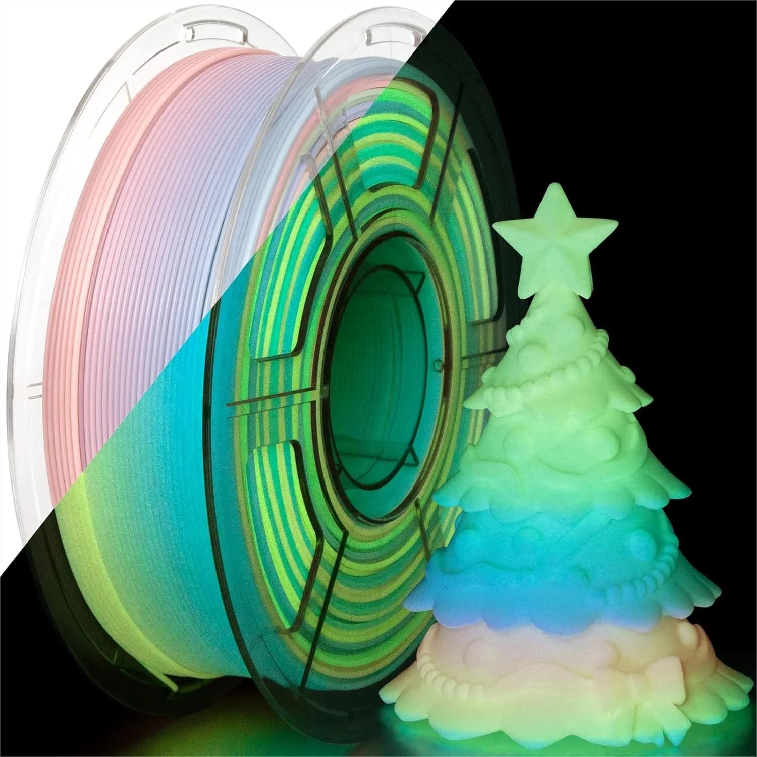 Filamento PLA Arcobaleno Luminoso al Buio 1.75mm, Filamento Colorato per Stampante 3D per Decorazioni Natalizie, Bobina da 1KG