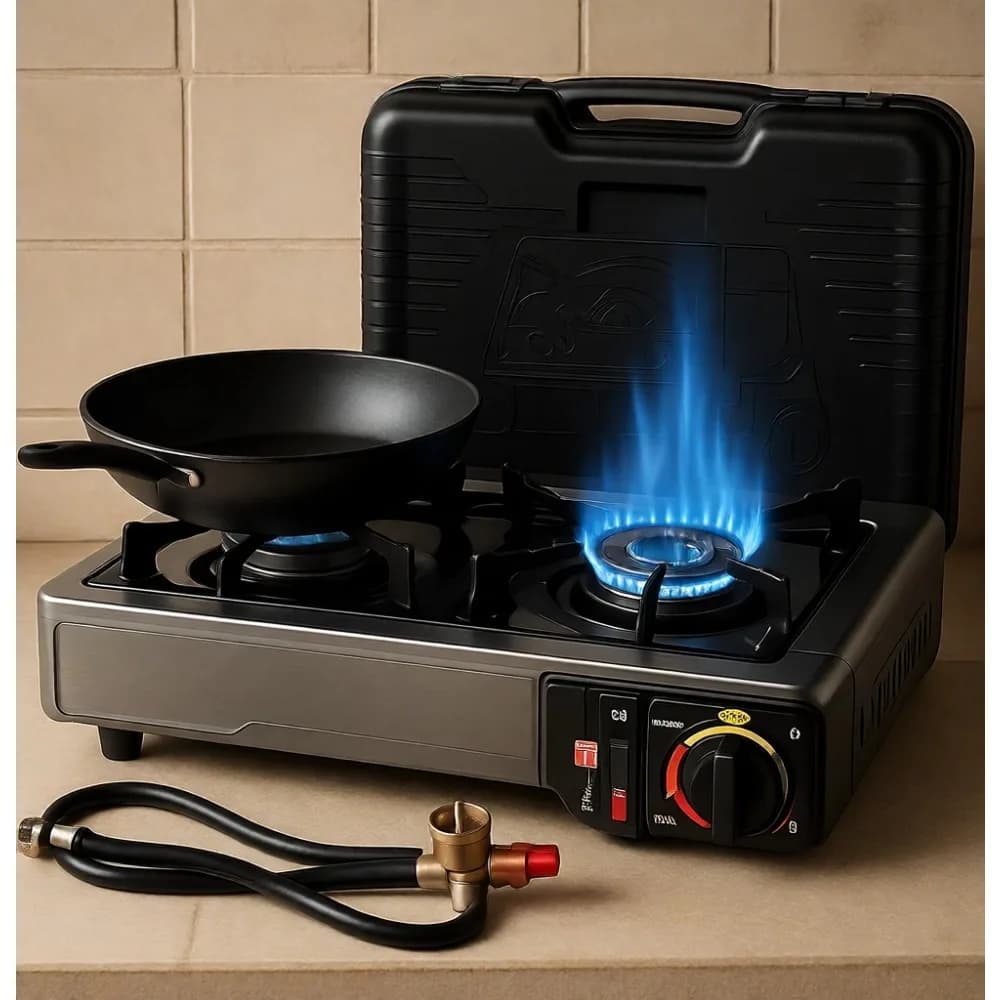 Fornello da Campeggio a Doppia Alimentazione Compatibile con Butano e Propano, Bruciatore Portatile da Esterno con Tubo e Custodia 7800 BTU