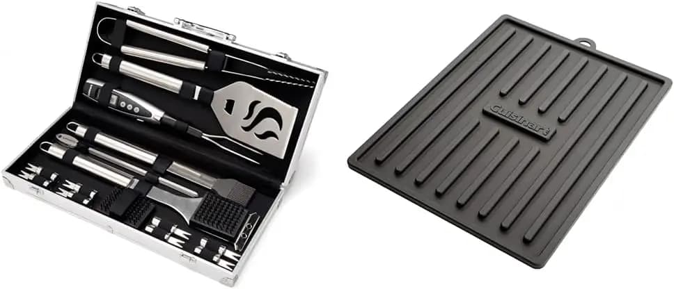 Set di 20 Utensili per Barbecue Deluxe con Valigetta in Alluminio e Tappetino in Silicone Nero