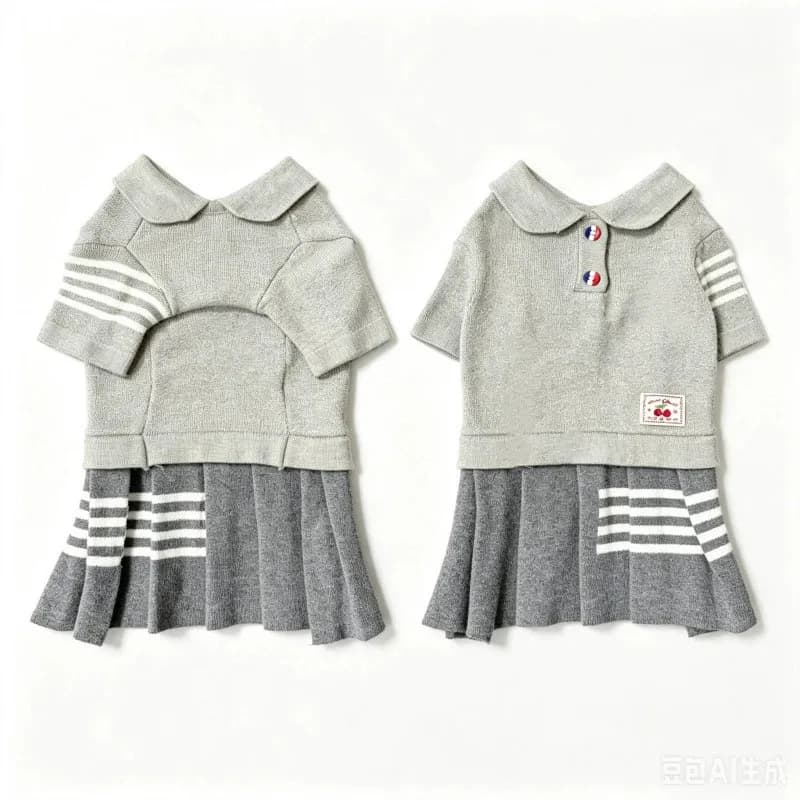Grey Knitted Pet College Outfit Set Doll Collar Short Sleeve Top Striped Pleated Skirt Korean Preppy Style Warm Clothes
