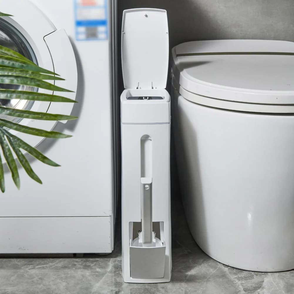 Cestino per Rifiuti Sottile in Plastica con Spazzola per la Pulizia e Coperchio, Bidone della Spazzatura per Bagno, Contenitore per Rifiuti per Spazi Stretti in Casa