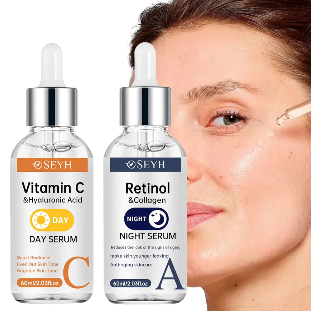 SEYH Vitamin C + Retinol Night Day Dual Essence Moisturizing Set 2 Pieces Collagen Niacinamide Aloe Vera Hydrating Skin Scatter