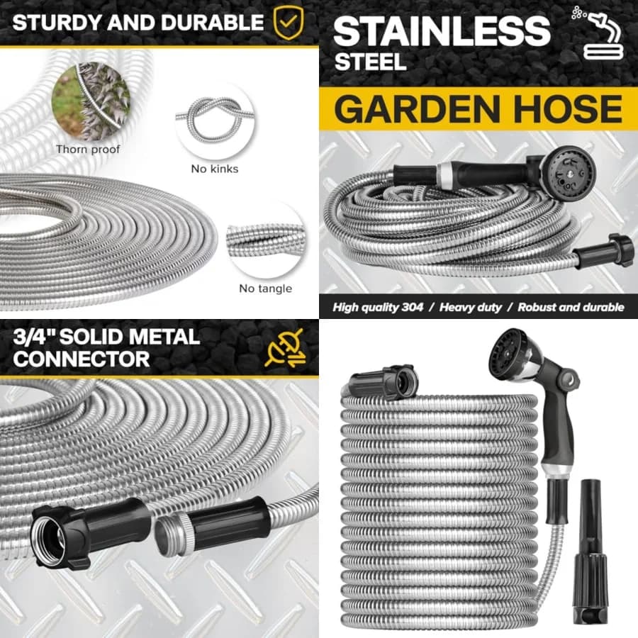 Tubo da Giardino in Metallo, Tubo dell'Acqua da 30 Metri, Tubo Flessibile in Acciaio Inossidabile Resistente con Ugello Spruzzatore, Leggero e Senza Pieghe