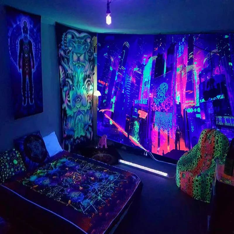 Black Light Tapestry Wall Hanging UV Reactive Psychedelic World Hippie for Bedroom Dorm Indie Room Decor
