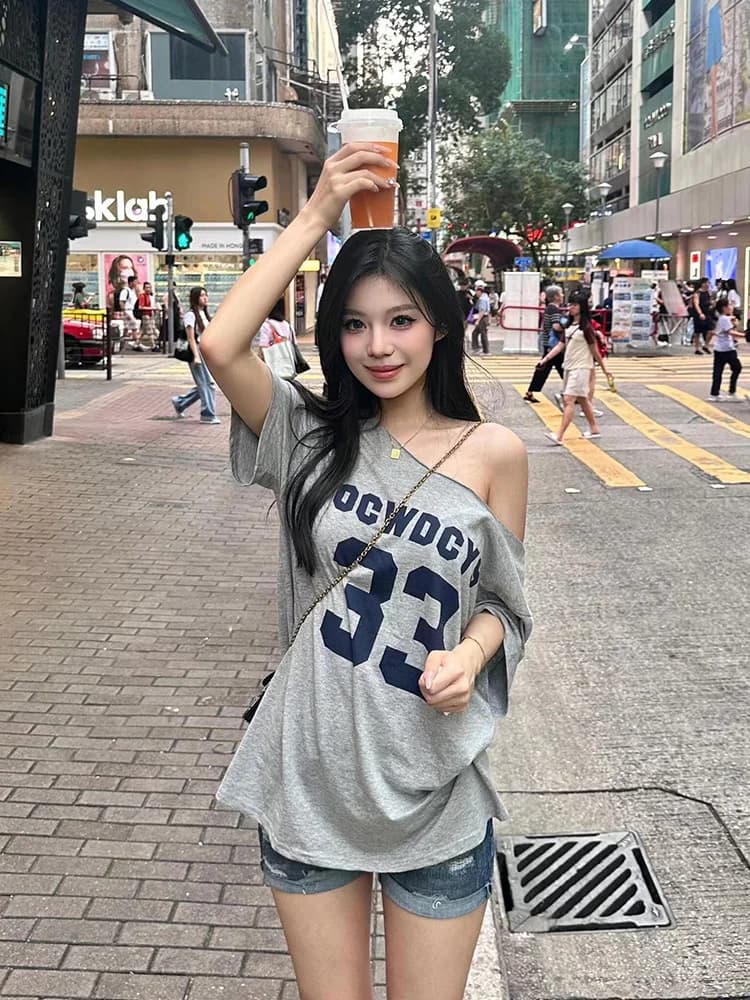 American Style Spicy Girl off Shoulder Short Sleeve T-Shirt Women Summer Loose Design Sense One Word Exposure Top