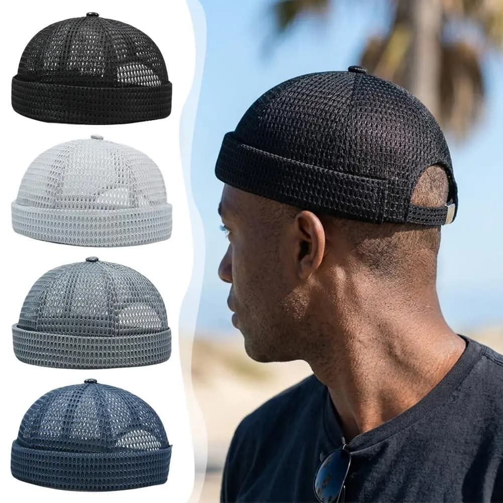 Cappello da uomo in rete traspirante senza visiera, stile estivo, berretto senza visiera a rete larga, berretto docker hip hop da marinaio
