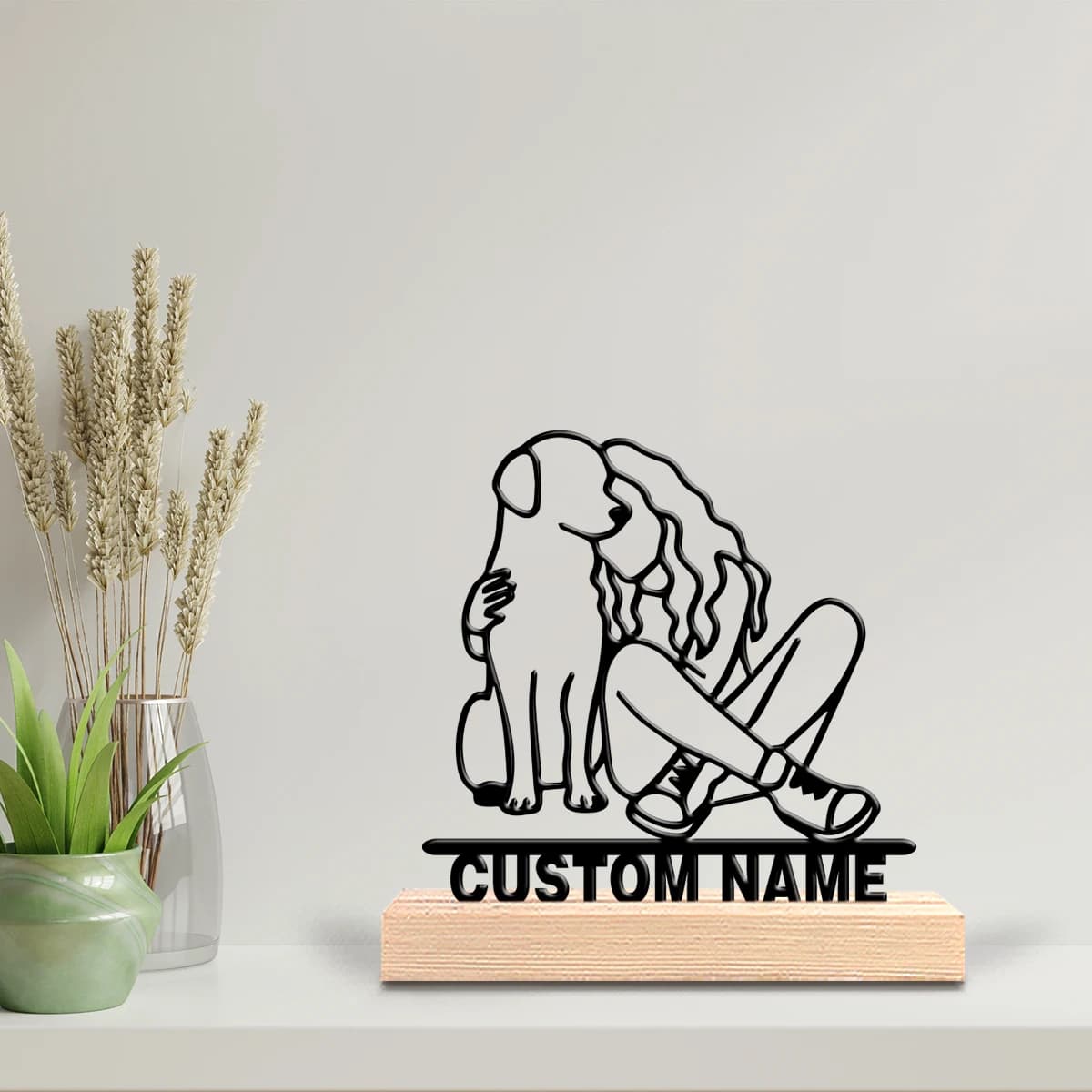 Decorazione da Tavolo Personalizzata per la Casa: Scultura in Metallo con Cane e Base in Legno, Adatta per Arredamento Domestico