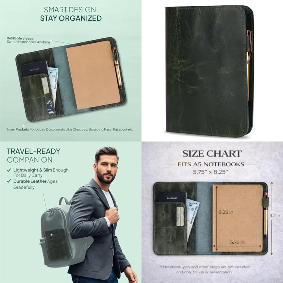 Genuine Leather A5 Journal Cover Refillable Notebook Cover, Fits 5.75 x 8.25 in, Card Slots Pocket and Pen Holder, Handmade Pro