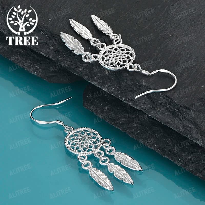 New 925 Sterling Silver Dream Catcher Feather Drop Earring Women Party Wedding Accessories Memorial Gift Fashion Classic Jewelry