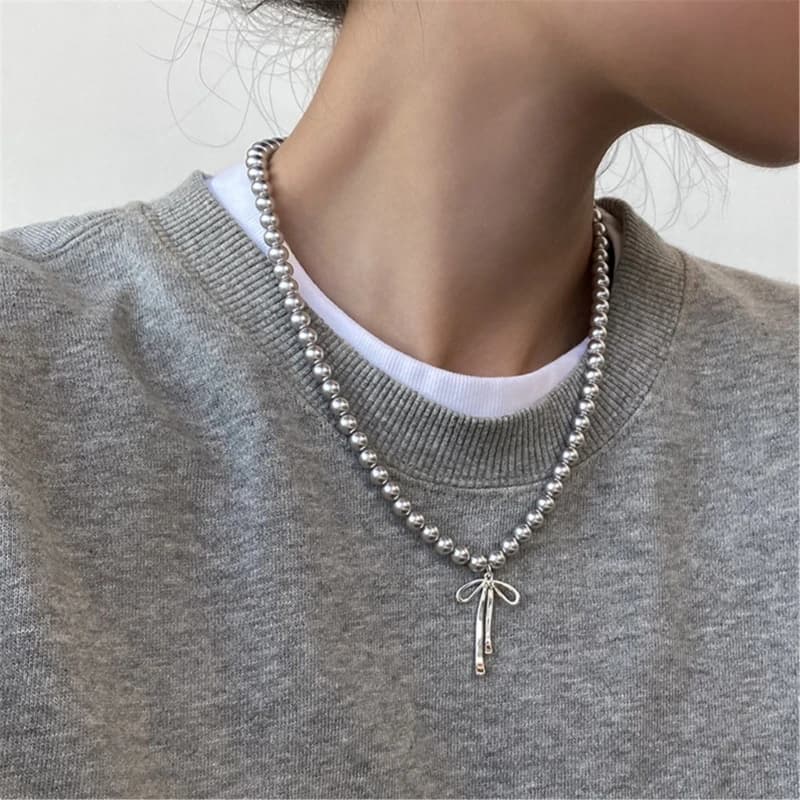 Simplicity Metal Round Ball beads chain Graceful Bowknot Pendant Necklace Choker for Women's Party Love Gifts Jewelry Accessorie