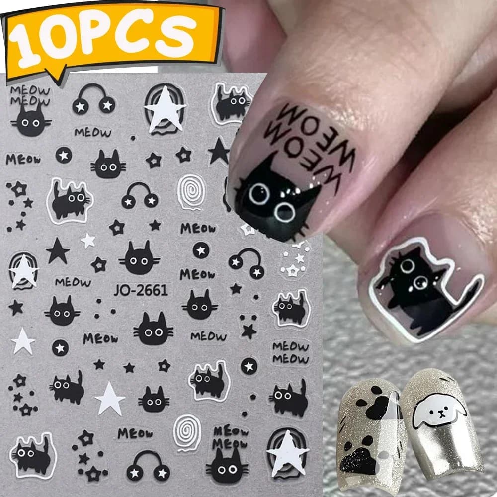1-10PCS Y2K Gatto Nero Adesivi Per Unghie Kawaii Del Fumetto Animale Zampa Cursori Unghie Artistiche 3D Stelle Argento Lettere Manicure Decalcomanie Strumenti