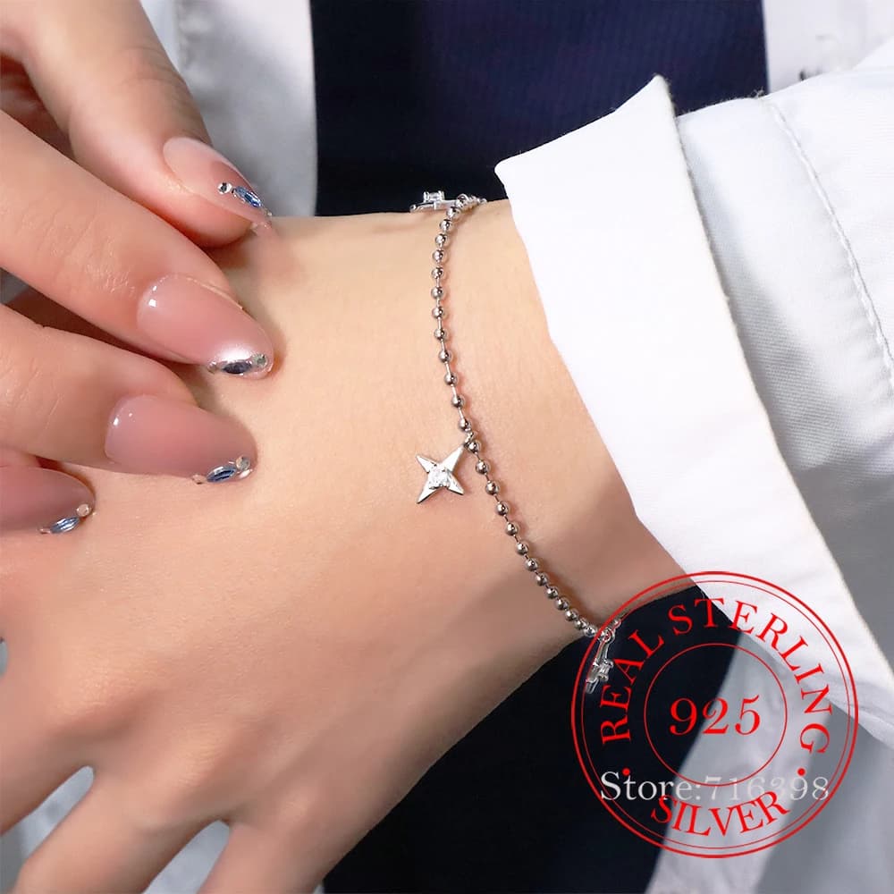 Braccialetti con catene a sfera con perline di cristallo a forma di stella in argento sterling 925 per regalo di gioielli per feste di nozze per ragazze Homme da donna