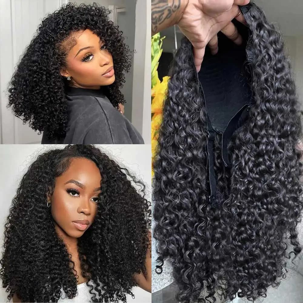 250% half human hair wigs afro crespi curly wig band update 3 IN 1 half wig with coulisse seamless clip ins flip over