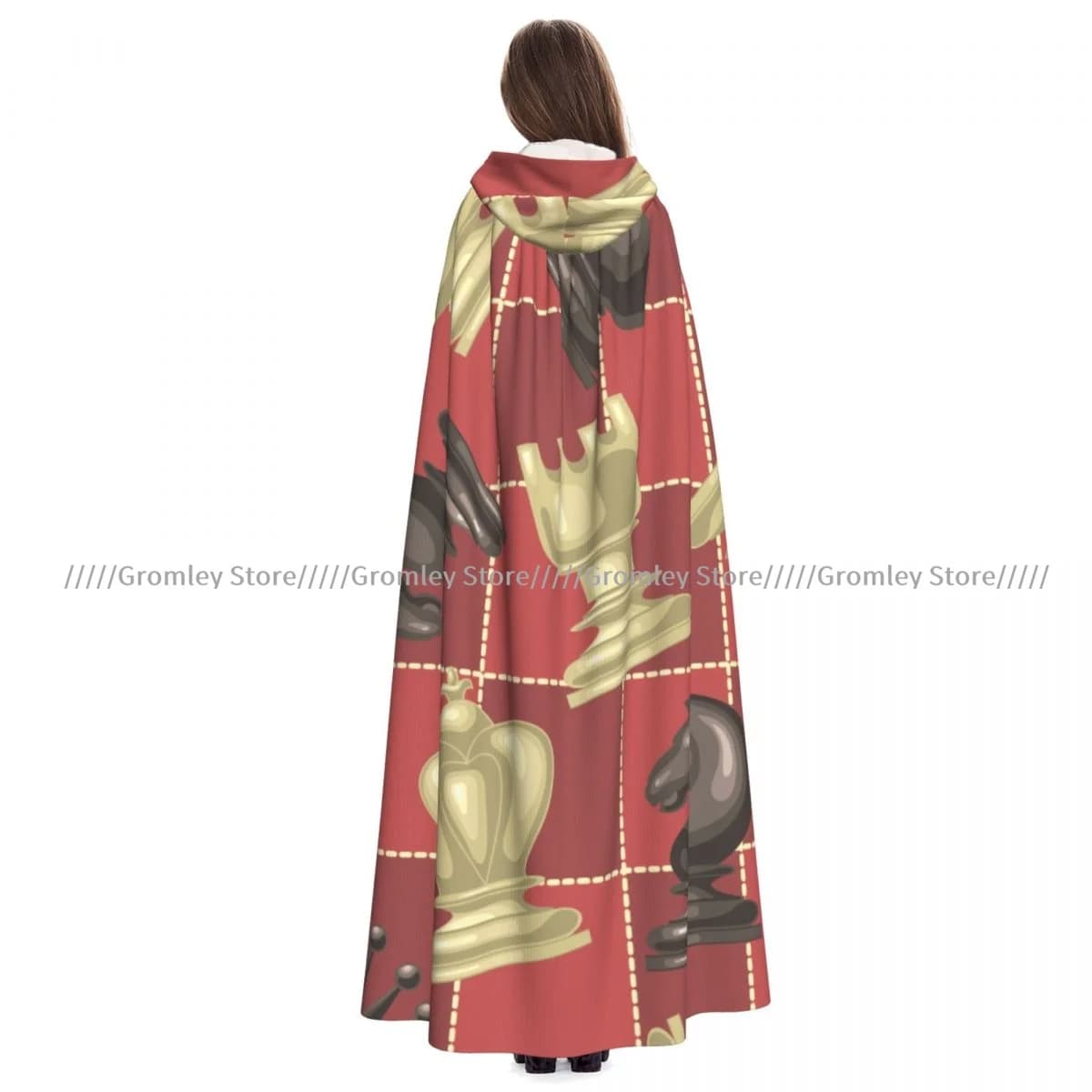 Chess Pieces On Chessboard Witch Cloak Hooded Cosplay Costume Halloween Adult Long Party Cape