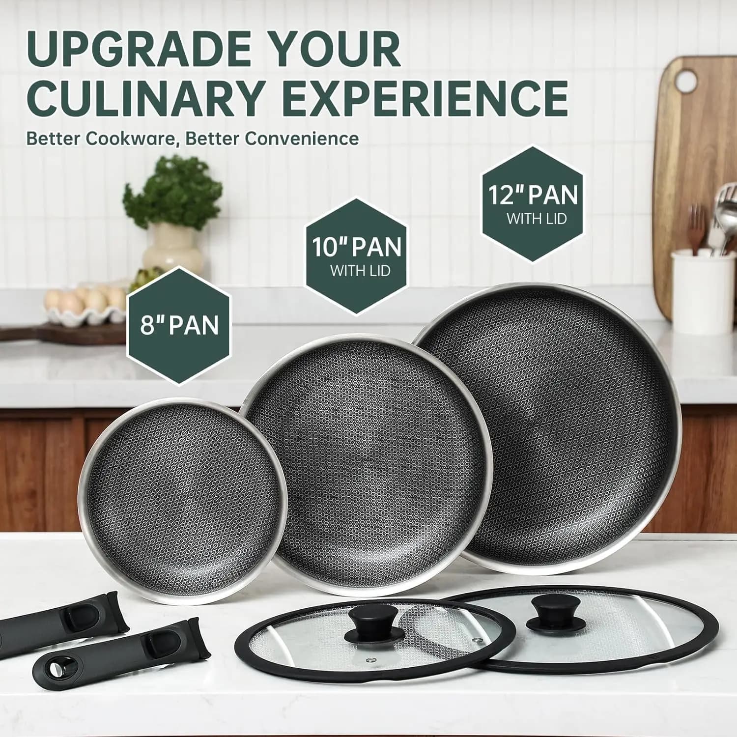 Set of 7-piece non-stick hybrid pans, 8, 10 and 12 inch pans with removable handles, space saving, non-stick pans