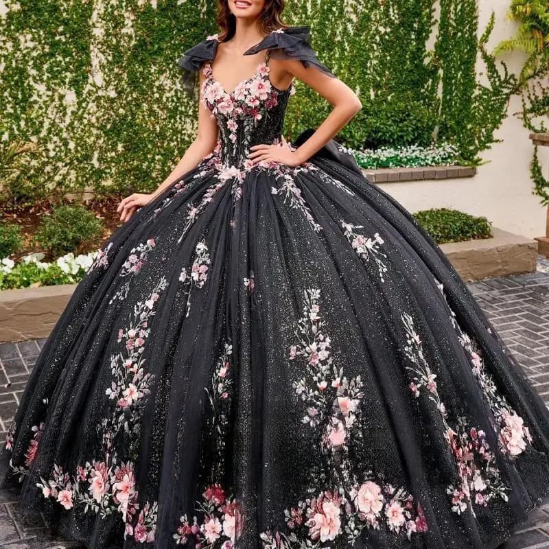 Abiti multi Quinceanera neri personalizzati Decalcomania floreale a maniche lunghe senza maniche Corsetto applique Abiti con papillon staccabili