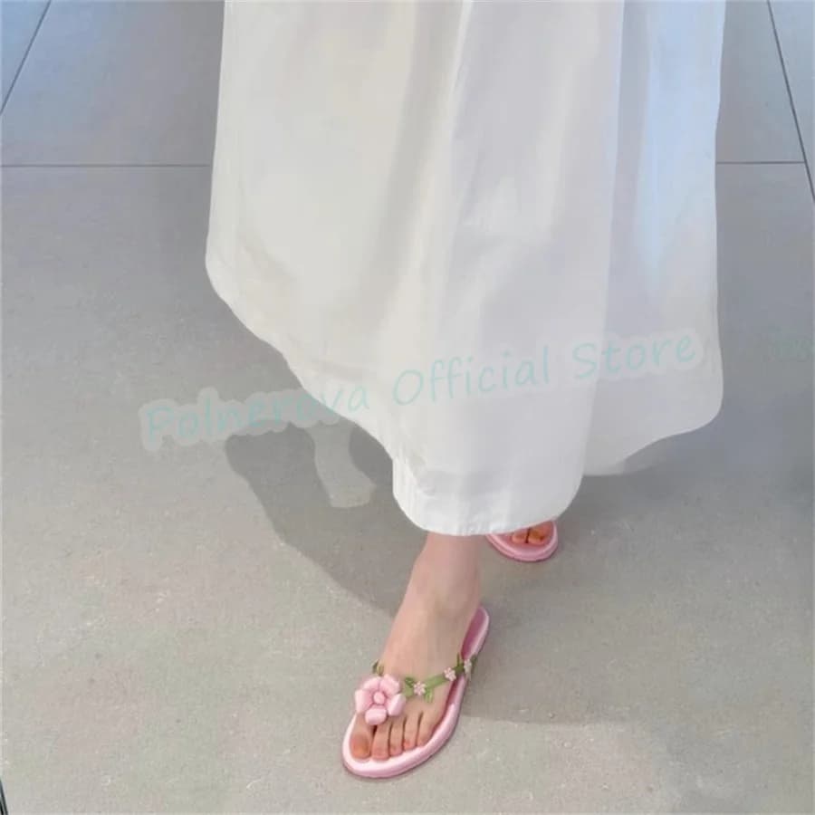 Romantic Rose Narrow Band Women Flip Flops Slippers Open Toe Shallow Slip-On Summer Gladiator Sandals Lady Outside Casual Shoes
