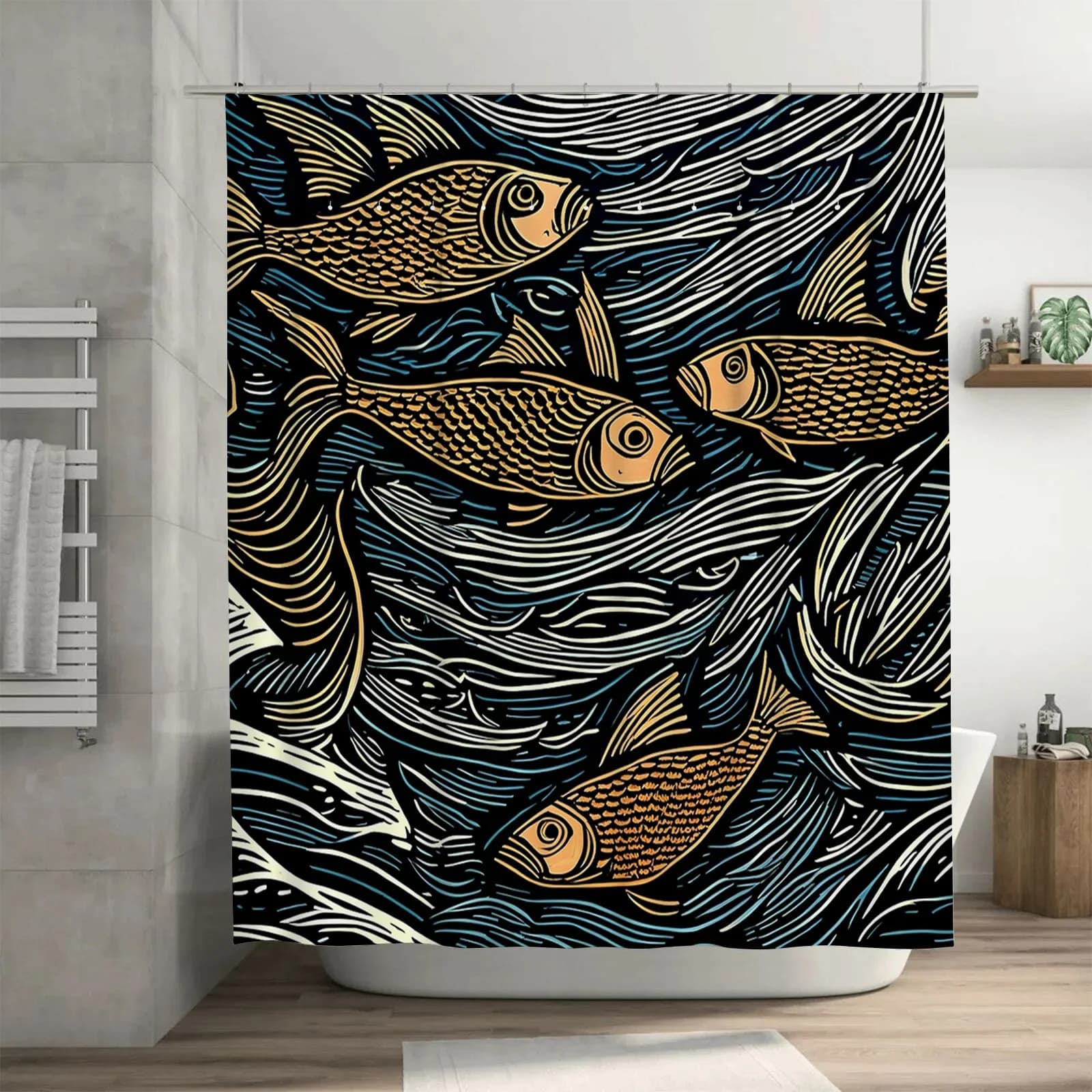 Tenda da doccia impermeabile con motivo a pesci colorati artistici moderni per un'arredamento elegante del bagno, installazione semplice